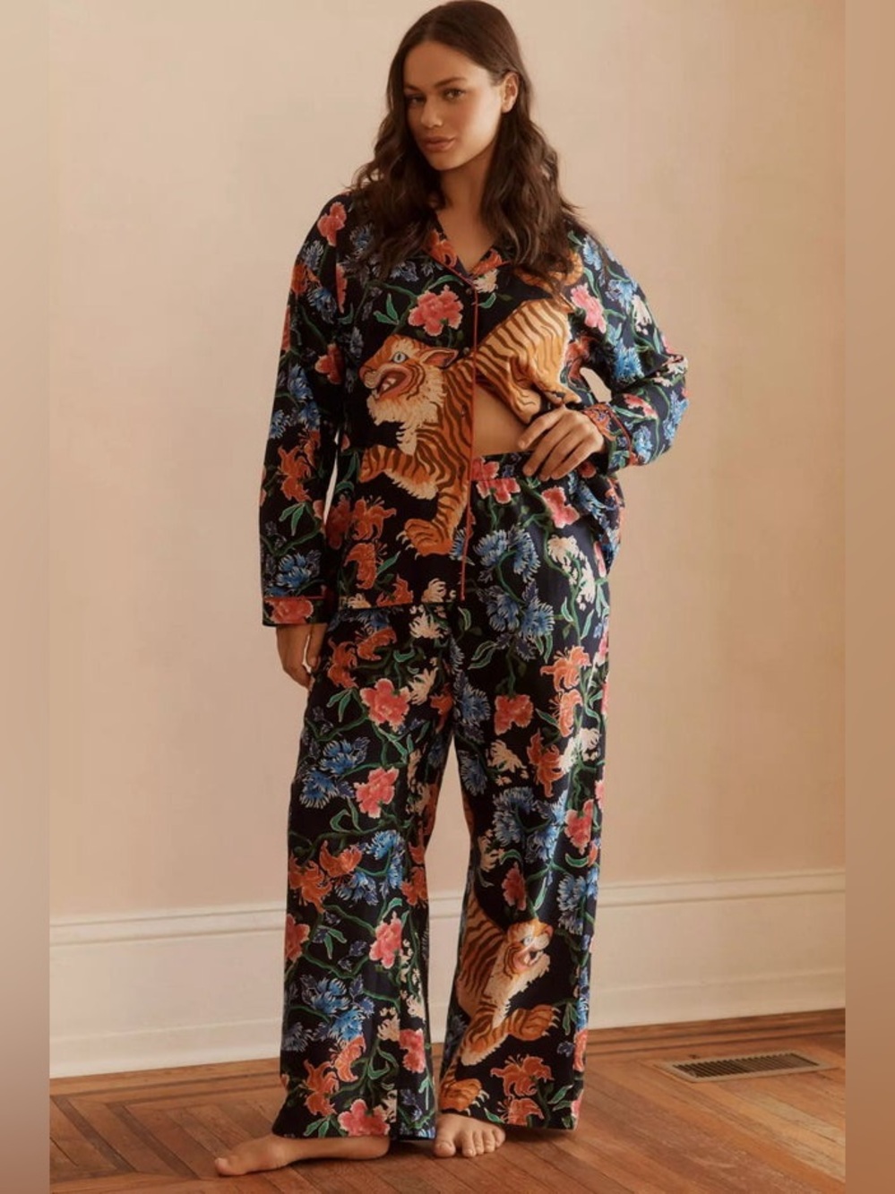 New Anthropologie Long Sleeve Pajama Set Tigers Floral